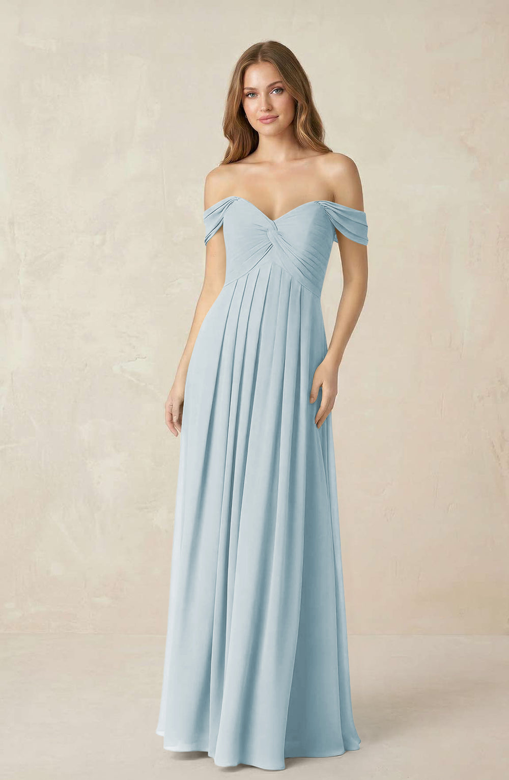 Off-the-Shoulder A-Line Chiffon Pleated Bridesmaid Dress in Sky Blue