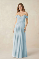 Sky Blue Off-the-Shoulder A-Line Chiffon Pleated Bridesmaid Dress | KISSBRIDAL