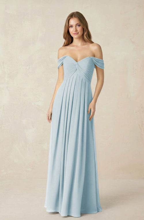 Sky Blue Off-the-Shoulder A-Line Chiffon Pleated Bridesmaid Dress | KISSBRIDAL