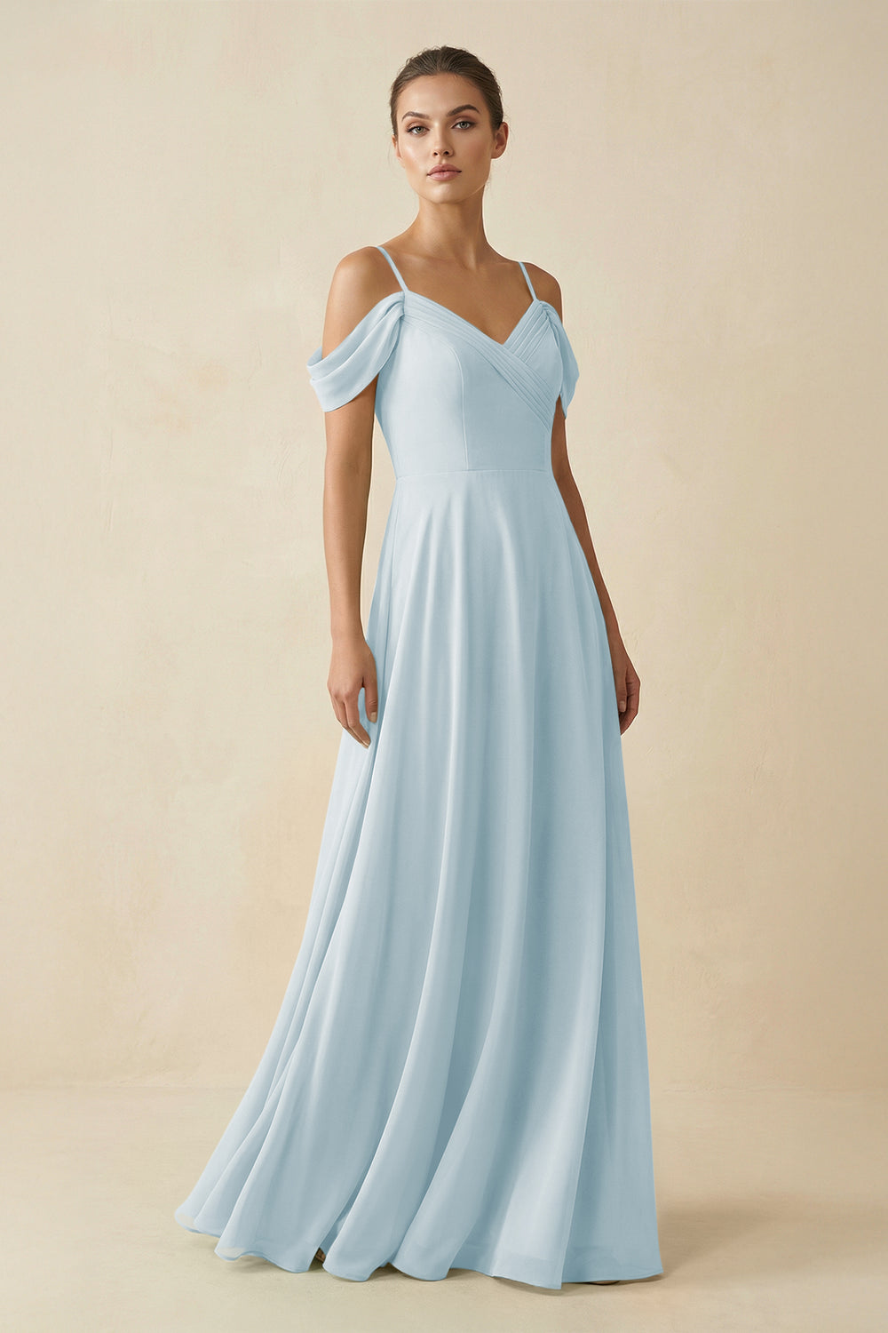Off-the-Shoulder A-Line Pleated Chiffon Bridesmaid Gown in Sky Blue