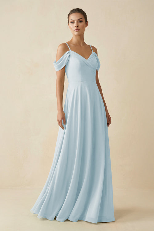 Sky Blue Off-the-Shoulder A-Line Pleated Chiffon Bridesmaid Gown | KISSBRIDAL