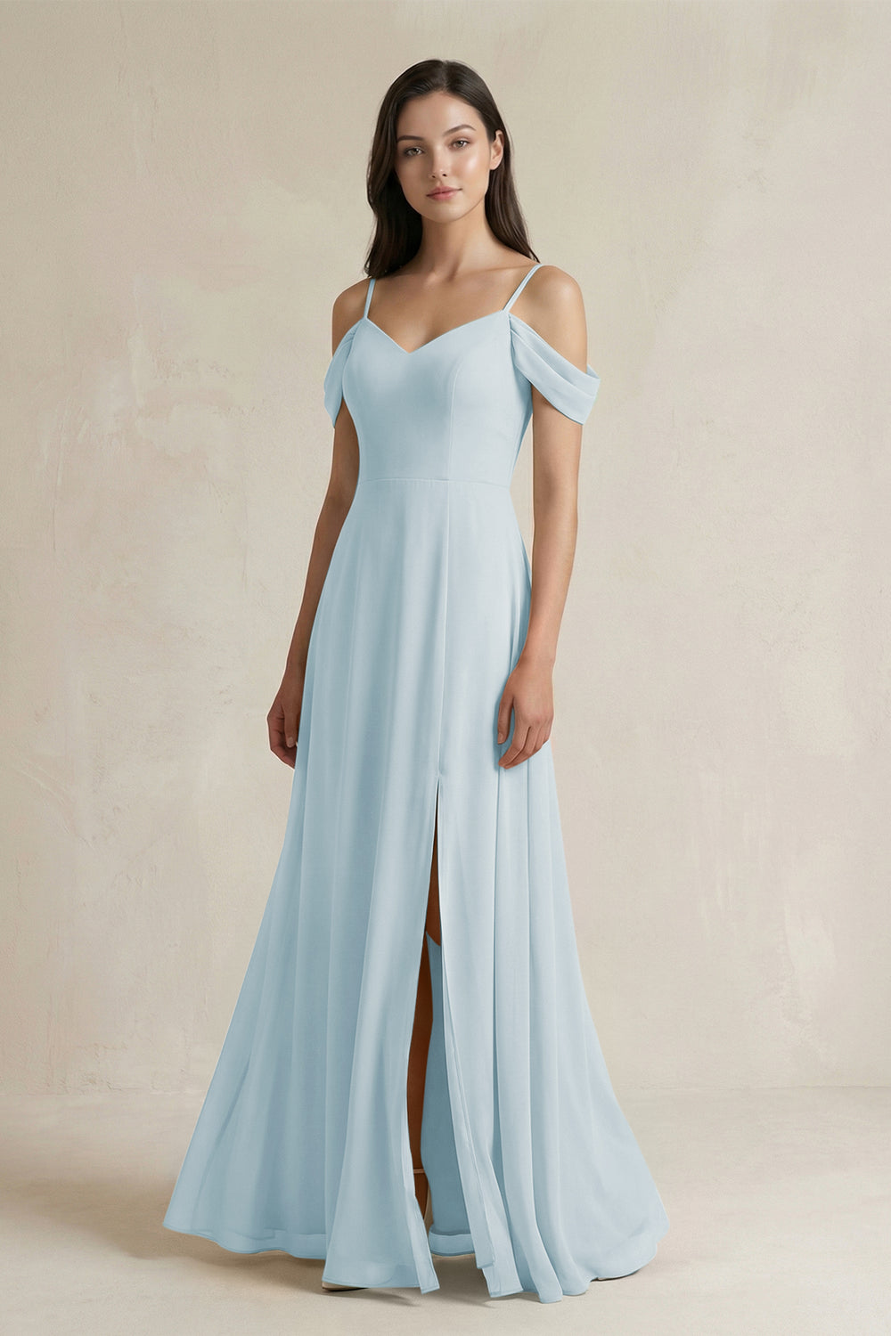 Off-the-Shoulder Chiffon A-Line Bridesmaid Dress in Sky Blue