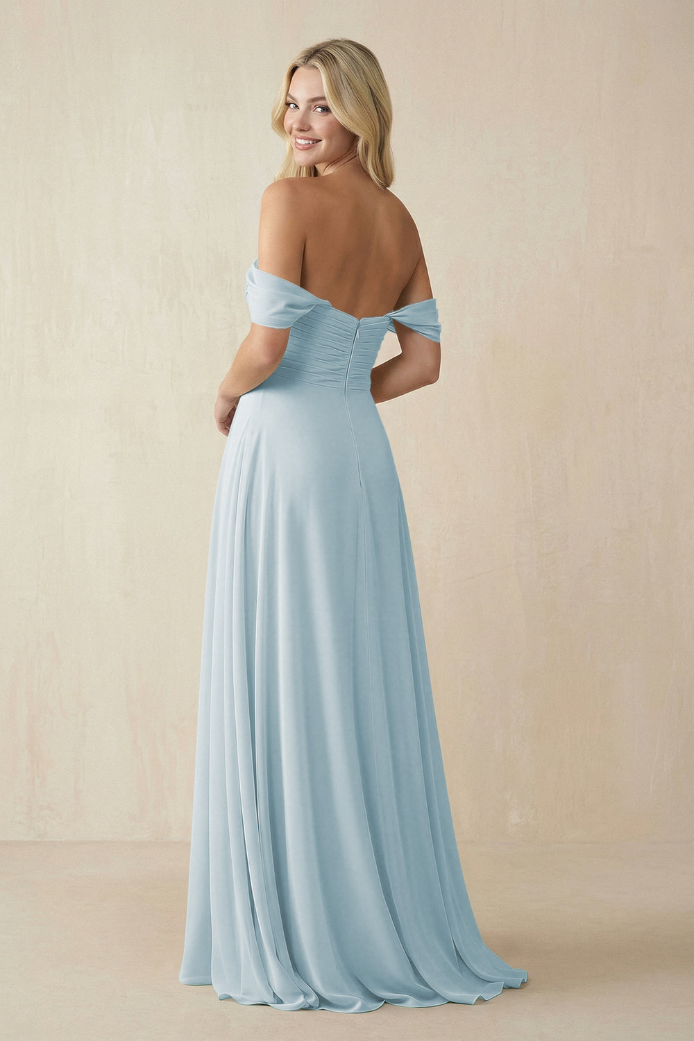 Off-the-Shoulder Chiffon A-Line Long Bridesmaid Dress in Sky Blue