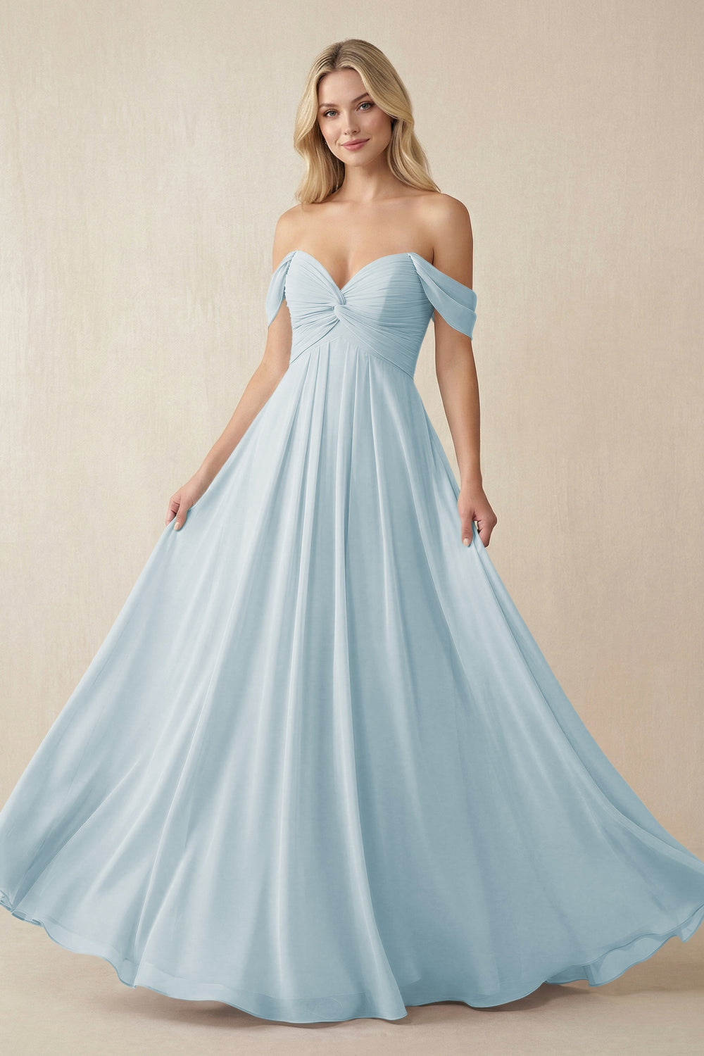Off-the-Shoulder Chiffon A-Line Long Bridesmaid Dress in Sky Blue