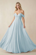 Sky Blue Off-the-Shoulder Chiffon A-Line Long Bridesmaid Dress | KISSBRIDAL