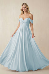 Sky Blue Off-the-Shoulder Chiffon A-Line Long Bridesmaid Dress | KISSBRIDAL