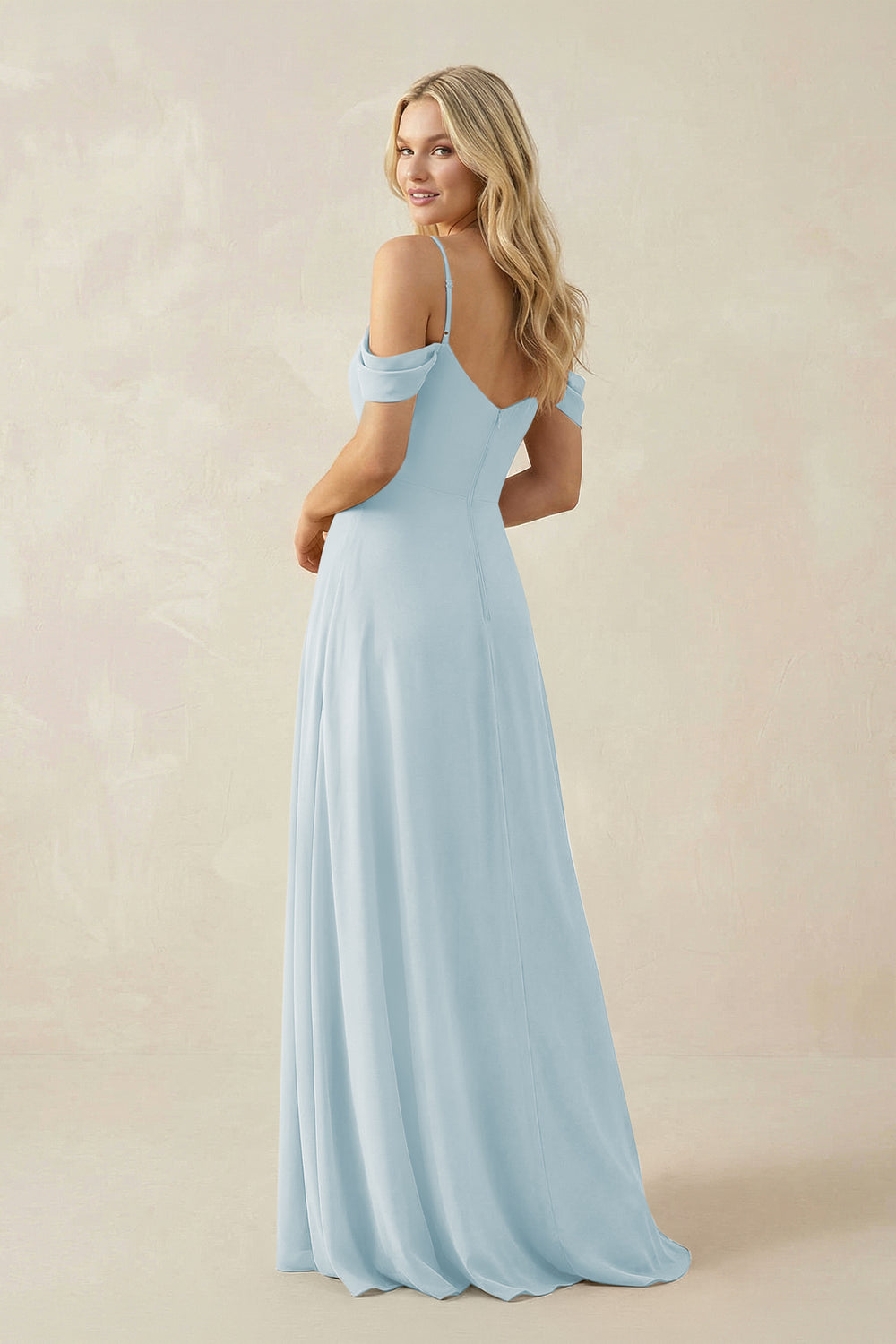 Off-the-Shoulder Chiffon A-Line Maxi Bridesmaid Dress in Sky Blue