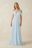 Sky Blue Off-the-Shoulder Chiffon A-Line Maxi Bridesmaid Dress | KISSBRIDAL