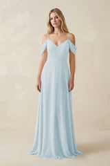 Sky Blue Off-the-Shoulder Chiffon A-Line Maxi Bridesmaid Dress | KISSBRIDAL