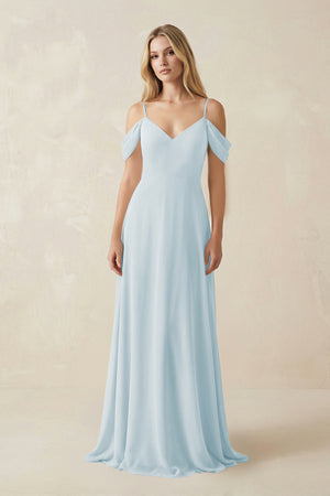 Sky Blue Off-the-Shoulder Chiffon A-Line Maxi Bridesmaid Dress | KISSBRIDAL