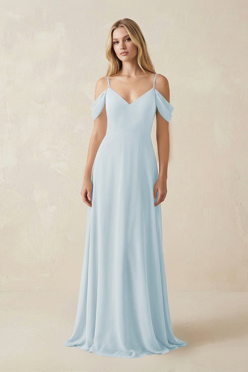 Sky Blue Off-the-Shoulder Chiffon A-Line Maxi Bridesmaid Dress | KISSBRIDAL