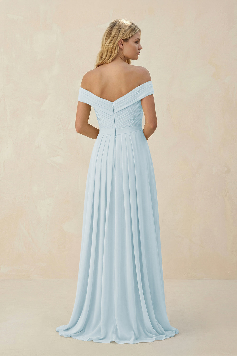 Off-the-Shoulder Pleated A-Line Chiffon Bridesmaid Dress in Sky Blue
