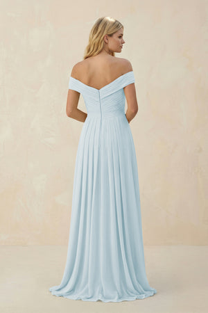 Sky Blue Off-the-Shoulder Pleated A-Line Chiffon Bridesmaid Dress (2) | KISSBRIDAL