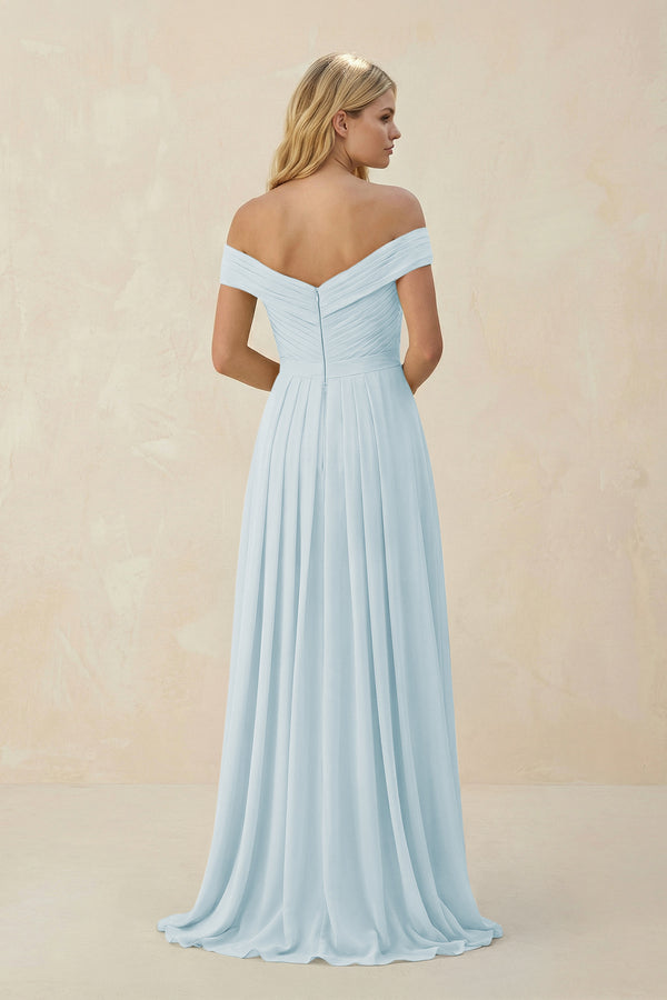 Sky Blue Off-the-Shoulder Pleated A-Line Chiffon Bridesmaid Dress (2) | KISSBRIDAL