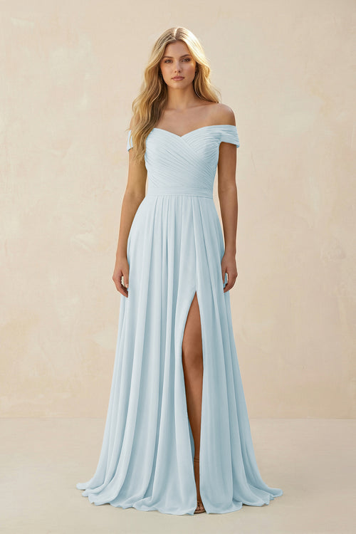 Sky Blue Off-the-Shoulder Pleated A-Line Chiffon Bridesmaid Dress | KISSBRIDAL