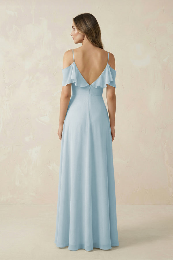 Sky Blue Off-the-Shoulder Ruffled A-Line Chiffon Bridesmaid Dress (2) | KISSBRIDAL