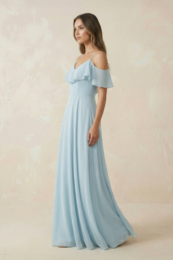 Sky Blue Off-the-Shoulder Ruffled A-Line Chiffon Bridesmaid Dress (3) | KISSBRIDAL