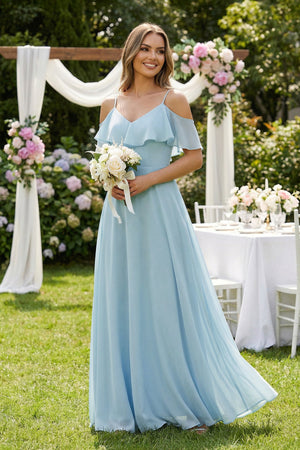 Sky Blue Off-the-Shoulder Ruffled A-Line Chiffon Bridesmaid Dress (4) | KISSBRIDAL