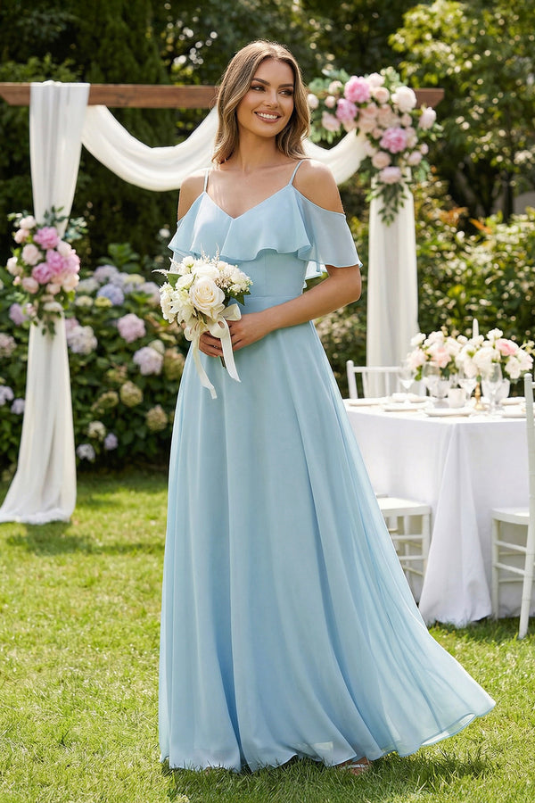 Sky Blue Off-the-Shoulder Ruffled A-Line Chiffon Bridesmaid Dress (4) | KISSBRIDAL
