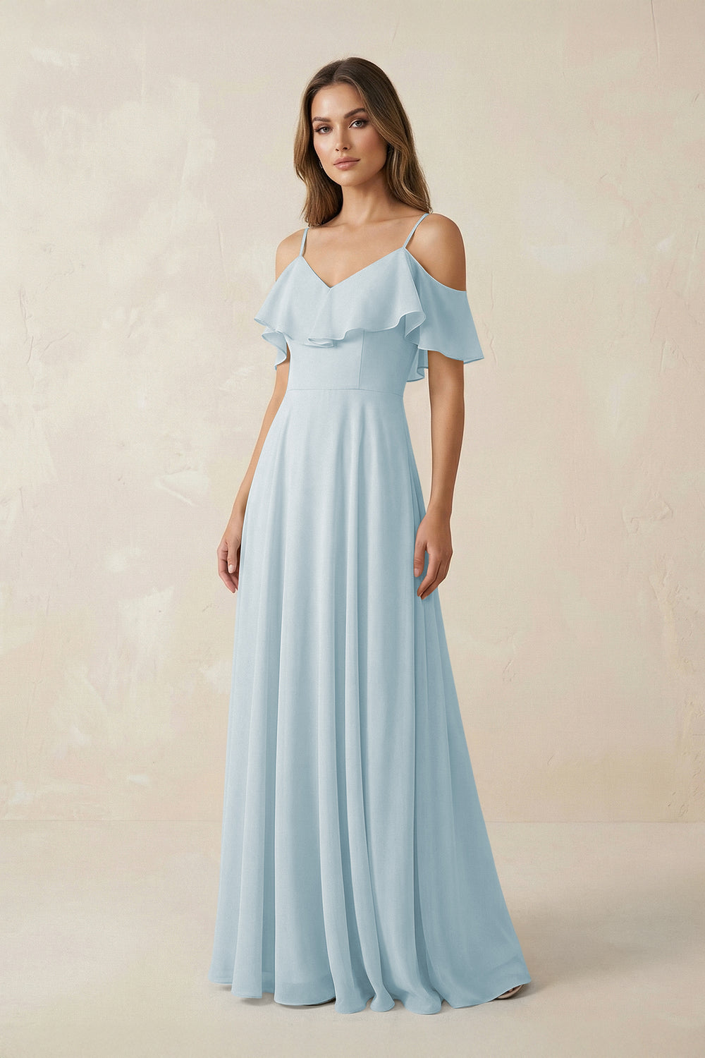 Off-the-Shoulder Ruffled A-Line Chiffon Bridesmaid Dress in Sky Blue