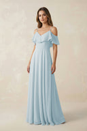 Sky Blue Off-the-Shoulder Ruffled A-Line Chiffon Bridesmaid Dress | KISSBRIDAL