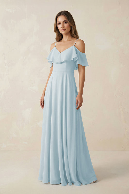 Sky Blue Off-the-Shoulder Ruffled A-Line Chiffon Bridesmaid Dress | KISSBRIDAL