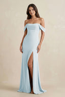 Sky Blue Off-the-Shoulder Sheath Bridesmaid Dress with Slit | KISSBRIDAL
