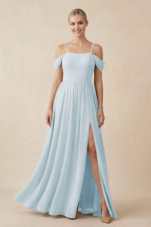 Sky Blue Off-the-Shoulder Sweetheart A-Line Chiffon Bridesmaid Dress | KISSBRIDAL