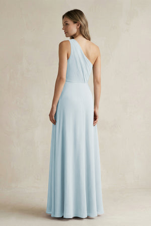 Sky Blue One-Shoulder Chiffon A-Line Bridesmaid Dress With Slit (2) | KISSBRIDAL