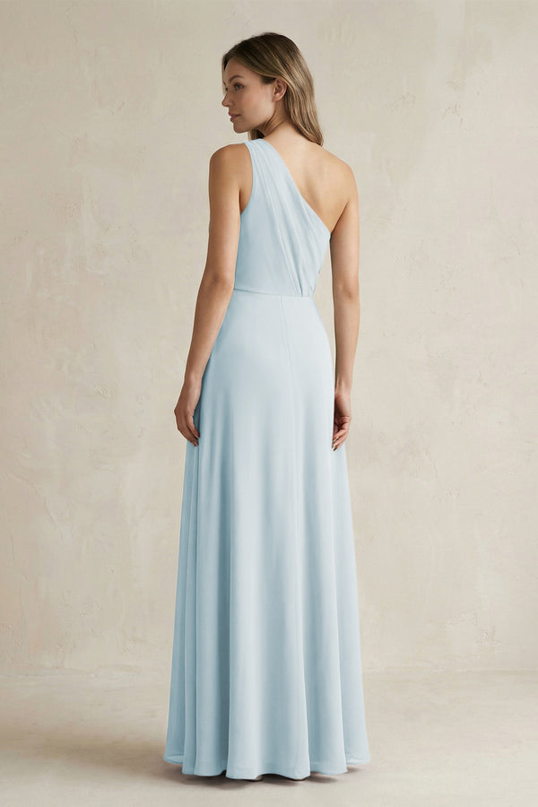 Sky Blue One-Shoulder Chiffon A-Line Bridesmaid Dress With Slit (2) | KISSBRIDAL