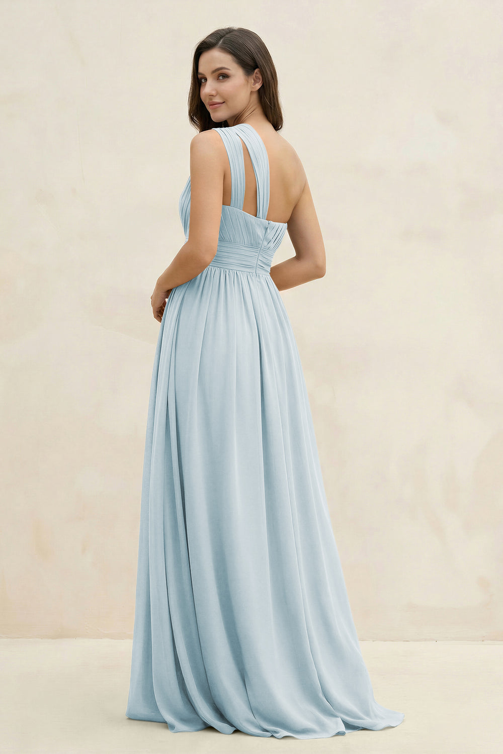 One-Shoulder Pleated A-Line Chiffon Bridesmaid Dress in Sky Blue