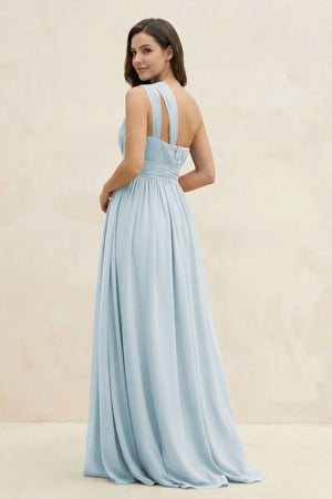 Sky Blue One-Shoulder Pleated A-Line Chiffon Bridesmaid Dress (2) | KISSBRIDAL