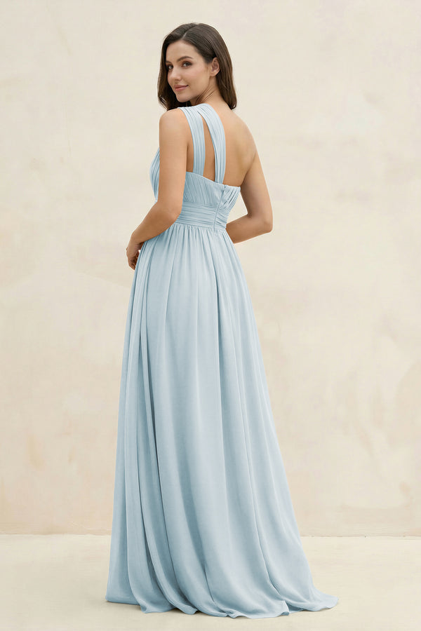 Sky Blue One-Shoulder Pleated A-Line Chiffon Bridesmaid Dress (2) | KISSBRIDAL