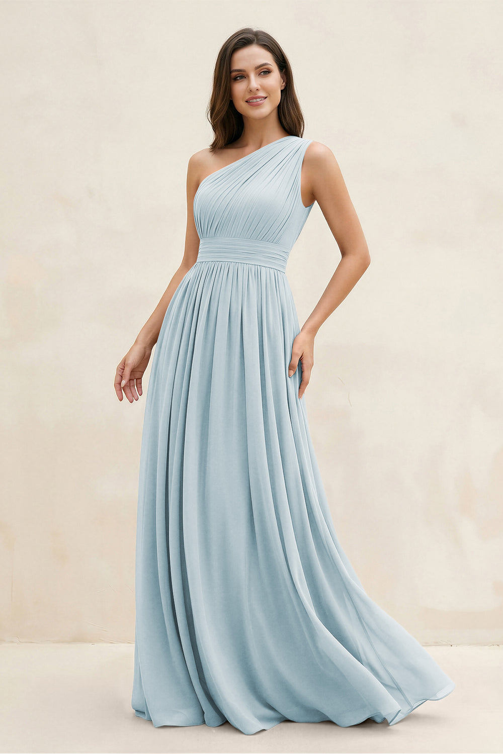 One-Shoulder Pleated A-Line Chiffon Bridesmaid Dress in Sky Blue