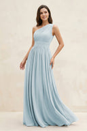 Sky Blue One-Shoulder Pleated A-Line Chiffon Bridesmaid Dress | KISSBRIDAL