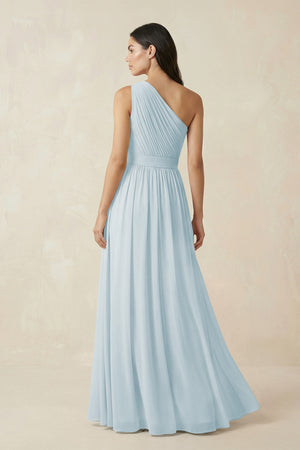 Sky Blue One-Shoulder Pleated Chiffon Bridesmaid Gown (2) | KISSBRIDAL