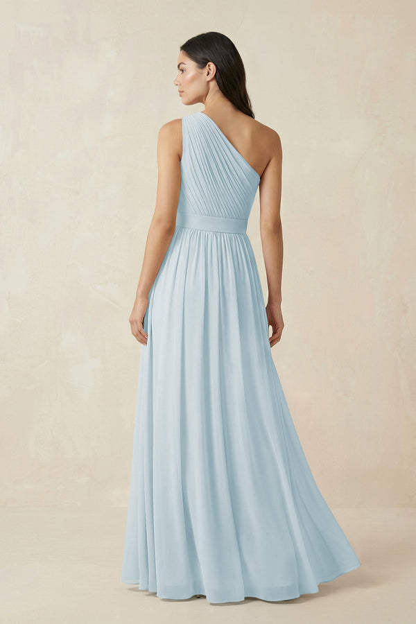 Sky Blue One-Shoulder Pleated Chiffon Bridesmaid Gown (2) | KISSBRIDAL