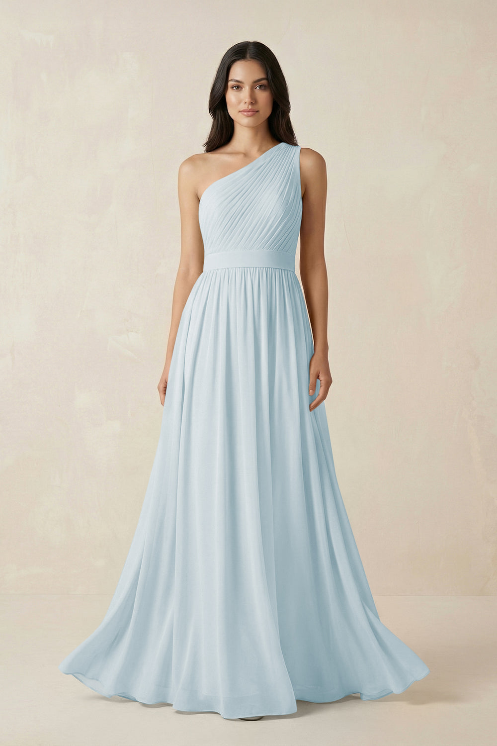 One-Shoulder Pleated Chiffon Bridesmaid Gown in Sky Blue