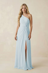 Sky Blue One-Shoulder Ruched A-Line Chiffon Bridesmaid Dress | KISSBRIDAL
