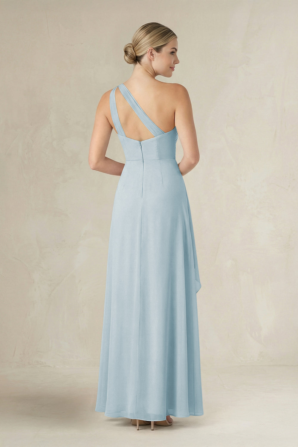 One-Shoulder Sheath Ruched Ruffled Bridesmaid Dress in Sky Blue