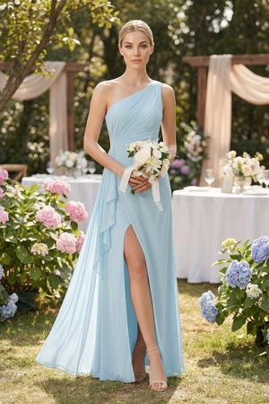 Sky Blue One-Shoulder Sheath Ruched Ruffled Bridesmaid Dress in Sky Blue (4) | KISSBRIDAL