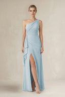 Sky Blue One-Shoulder Sheath Ruched Ruffled Bridesmaid Dress in Sky Blue | KISSBRIDAL