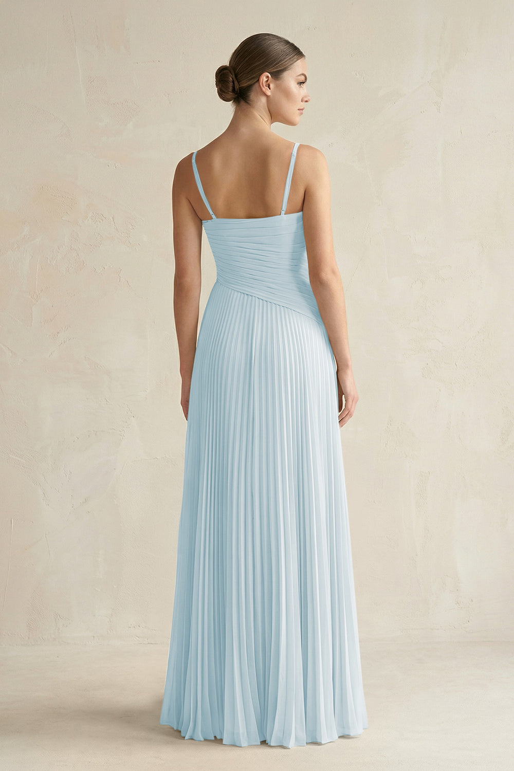 Pleated A-Line Long Chiffon Bridesmaid Dress in Sky Blue