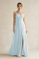 Sky Blue Pleated A-Line Long Chiffon Bridesmaid Dress | KISSBRIDAL