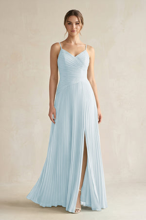 Sky Blue Pleated A-Line Long Chiffon Bridesmaid Dress | KISSBRIDAL
