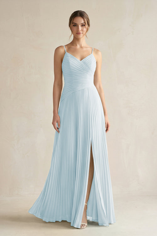 Sky Blue Pleated A-Line Long Chiffon Bridesmaid Dress | KISSBRIDAL