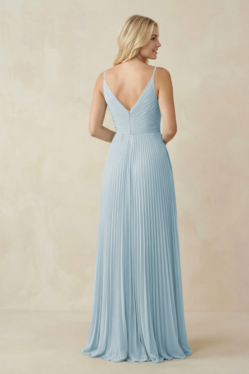 Pleated V-Neck A-Line Chiffon Bridesmaid Dress in Sky Blue