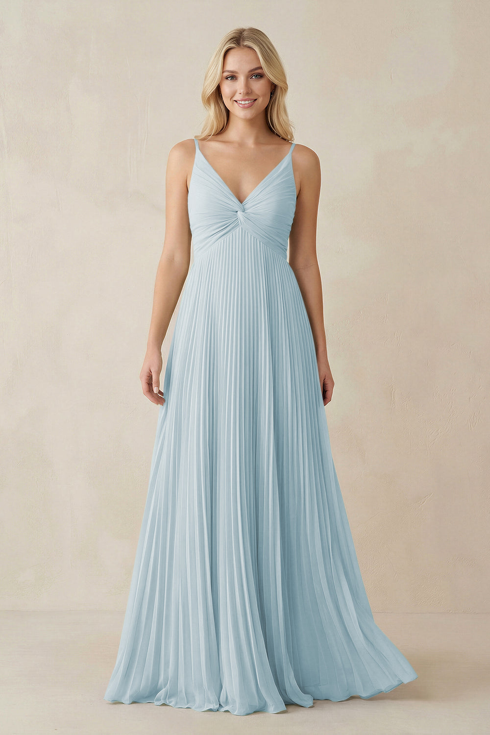 Pleated V-Neck A-Line Chiffon Bridesmaid Dress in Sky Blue