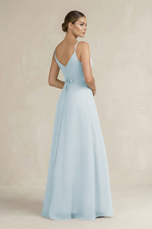 Sky Blue Ruched A-Line Chiffon Bridesmaid Dress with Slit (2) | KISSBRIDAL