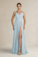 Sky Blue Ruched A-Line Chiffon Bridesmaid Dress with Slit | KISSBRIDAL
